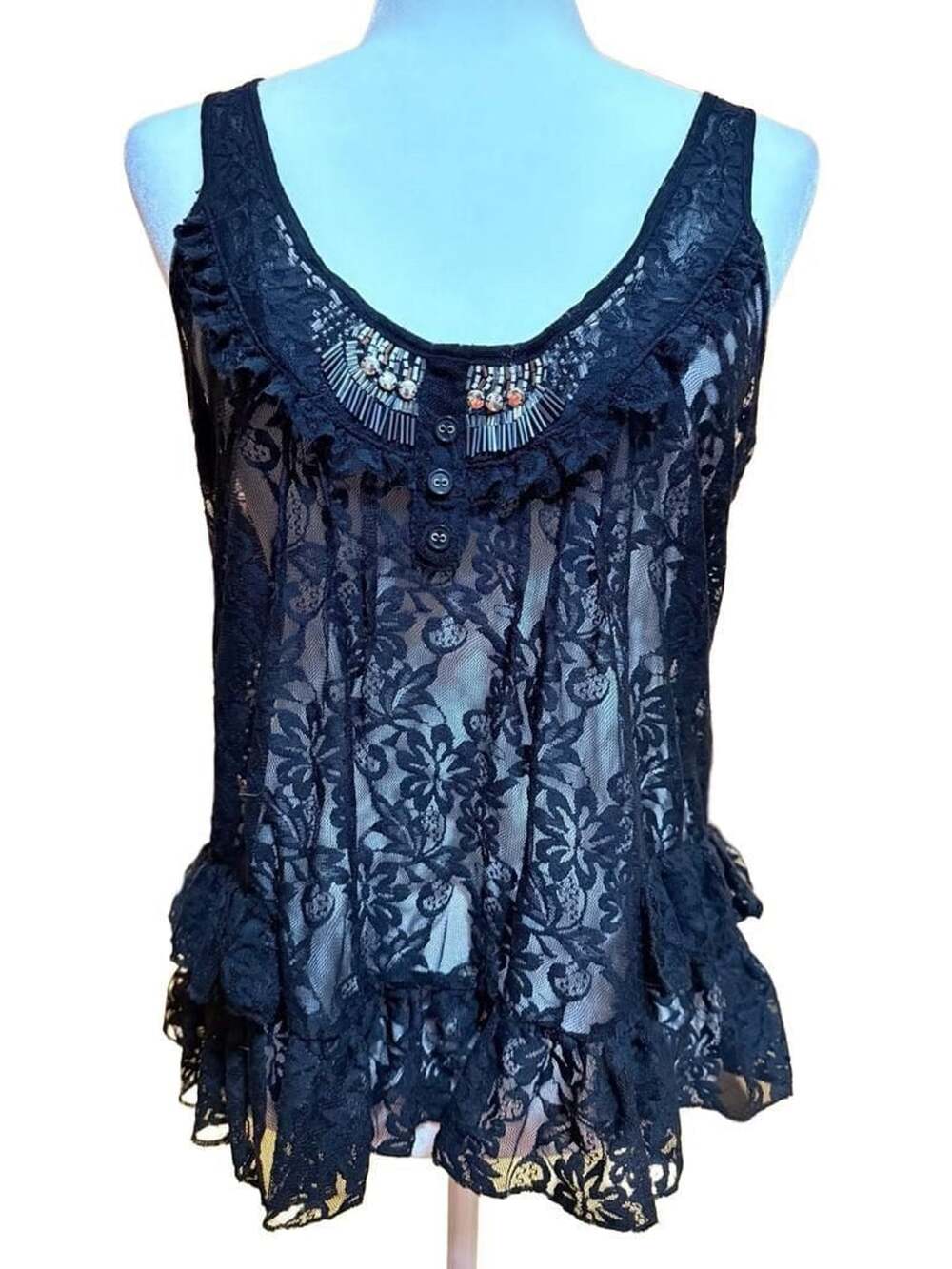 Daytrip Black Lace Tank Top Beaded Ruffled Hem